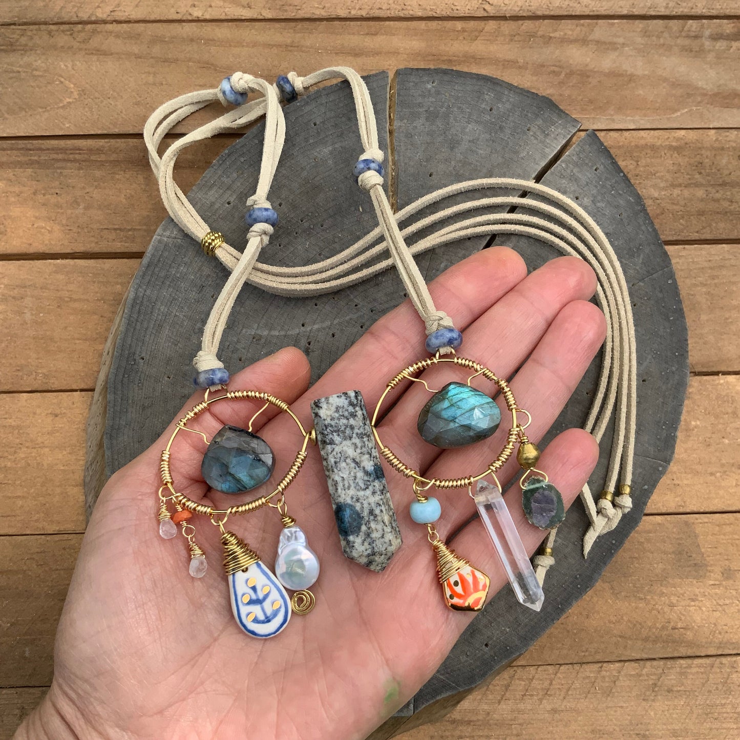 Handmade Ceramic Bead Necklace: Labradorite, Ruby, Opal, Vegan Suede