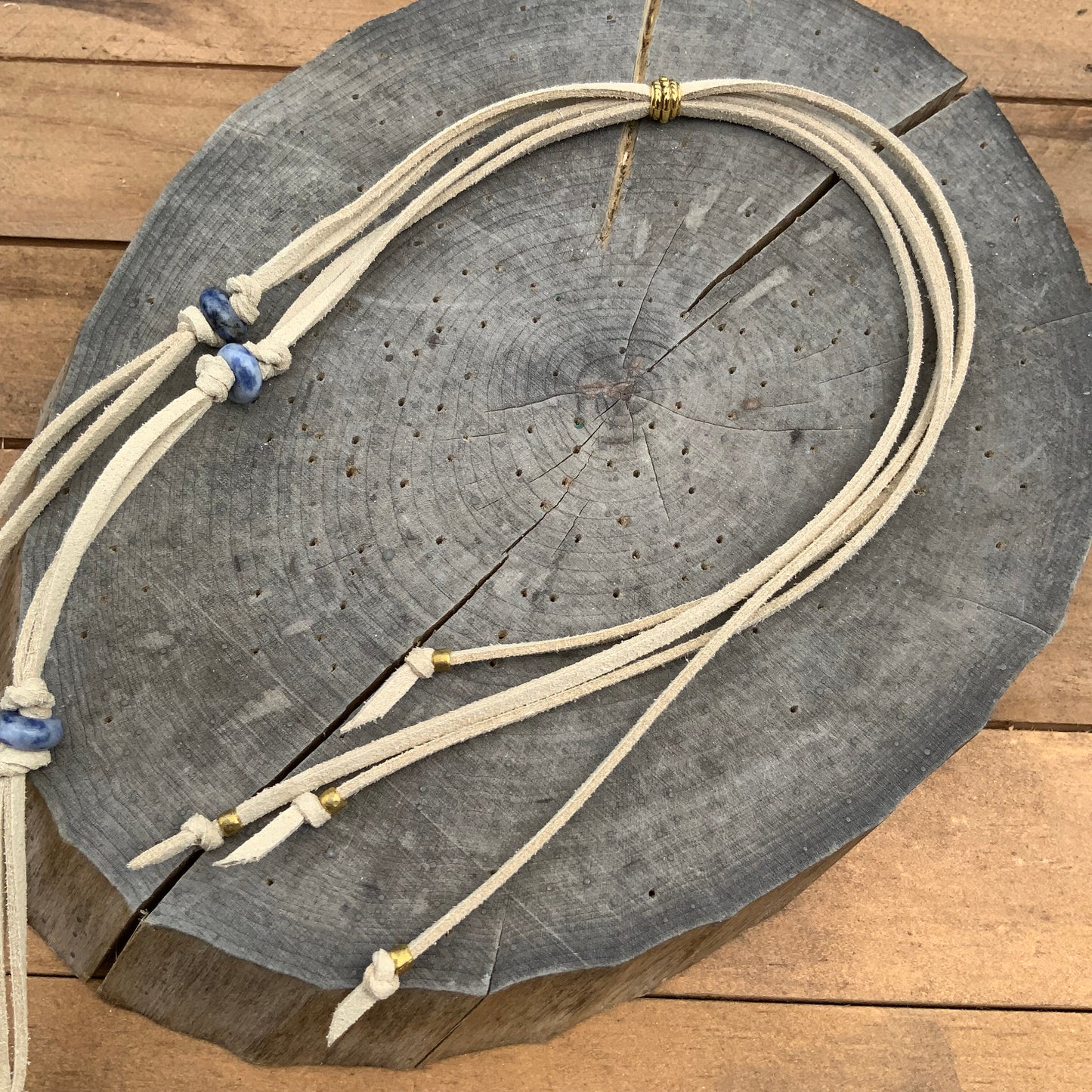 Handmade Ceramic Bead Necklace: Labradorite, Ruby, Opal, Vegan Suede