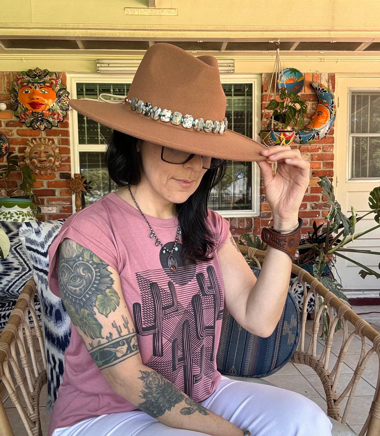 Ocean Jasper & Turquoise Gemstone Hat Band - Adjustable Vegan Suede