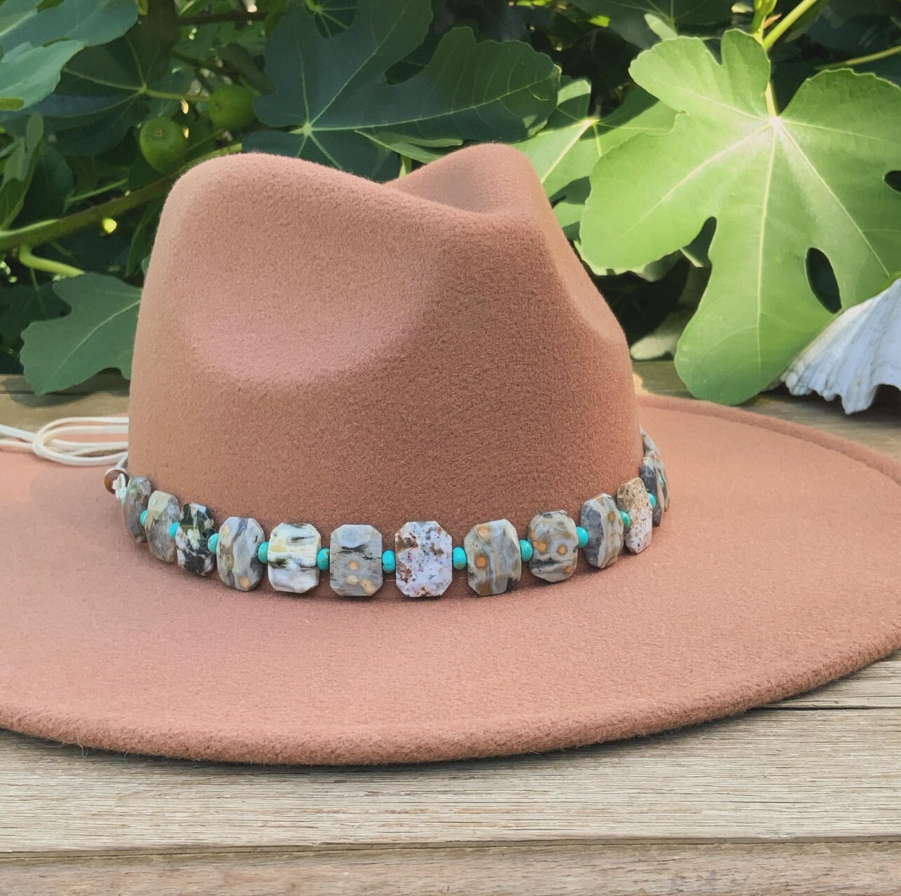 Ocean Jasper & Turquoise Gemstone Hat Band - Adjustable Vegan Suede