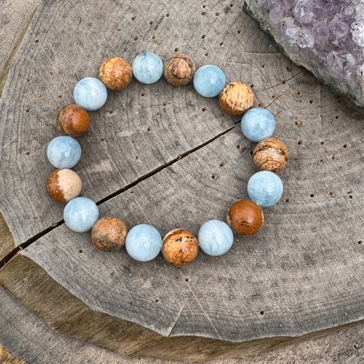 Aquamarine & Picture Jasper Stretch Bracelet: 10mm Gemstone Stacking Bracelet