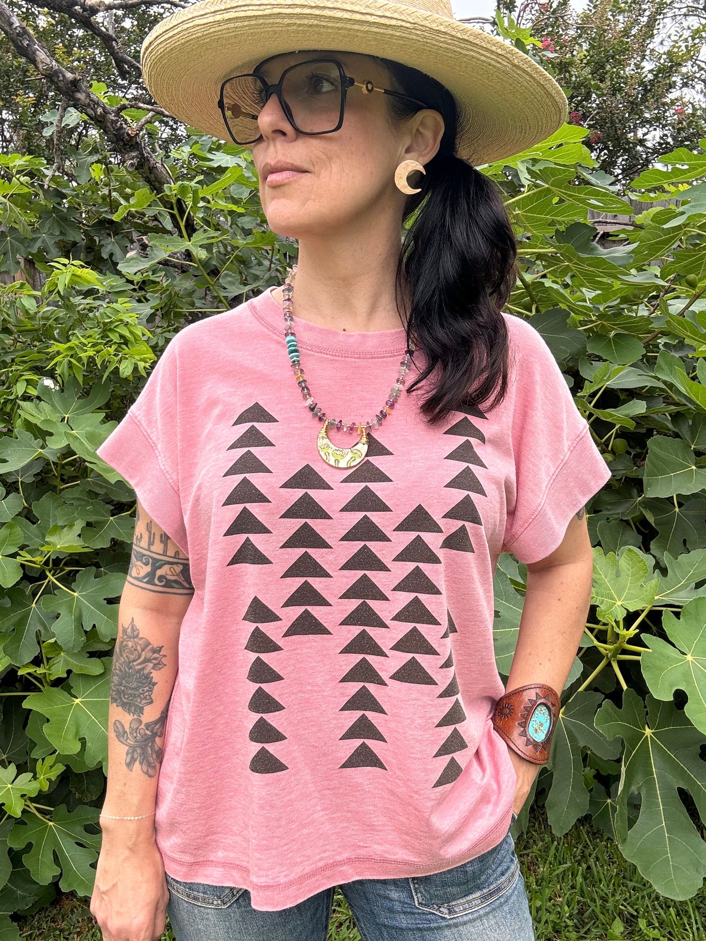 Handmade Ceramic Venus Flytrap Necklace: Rhodochrosite Beaded Crescent Moon Pendant