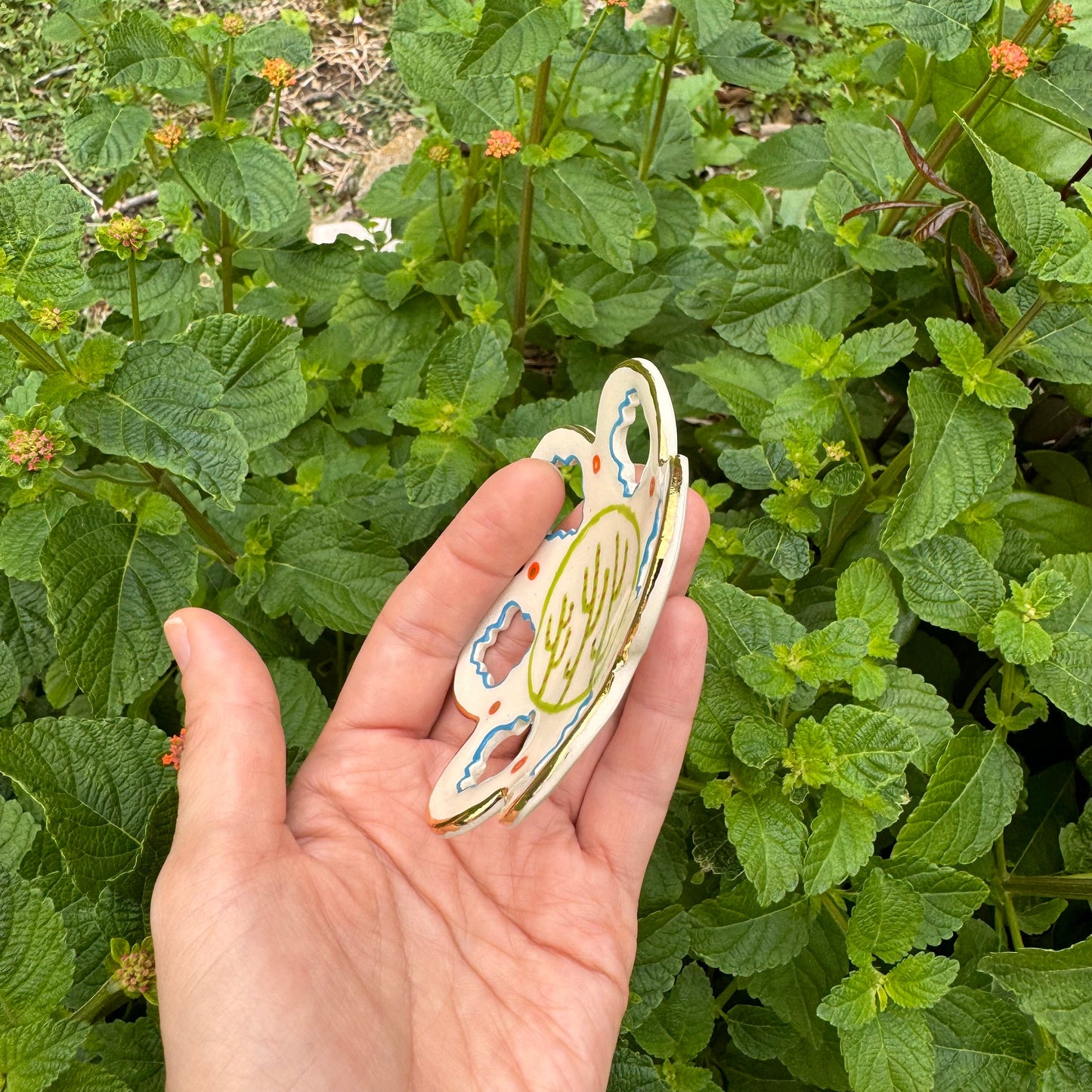 Handmade Southwestern Saguaro Cactus Ceramic Ring Dish with Gold Luster