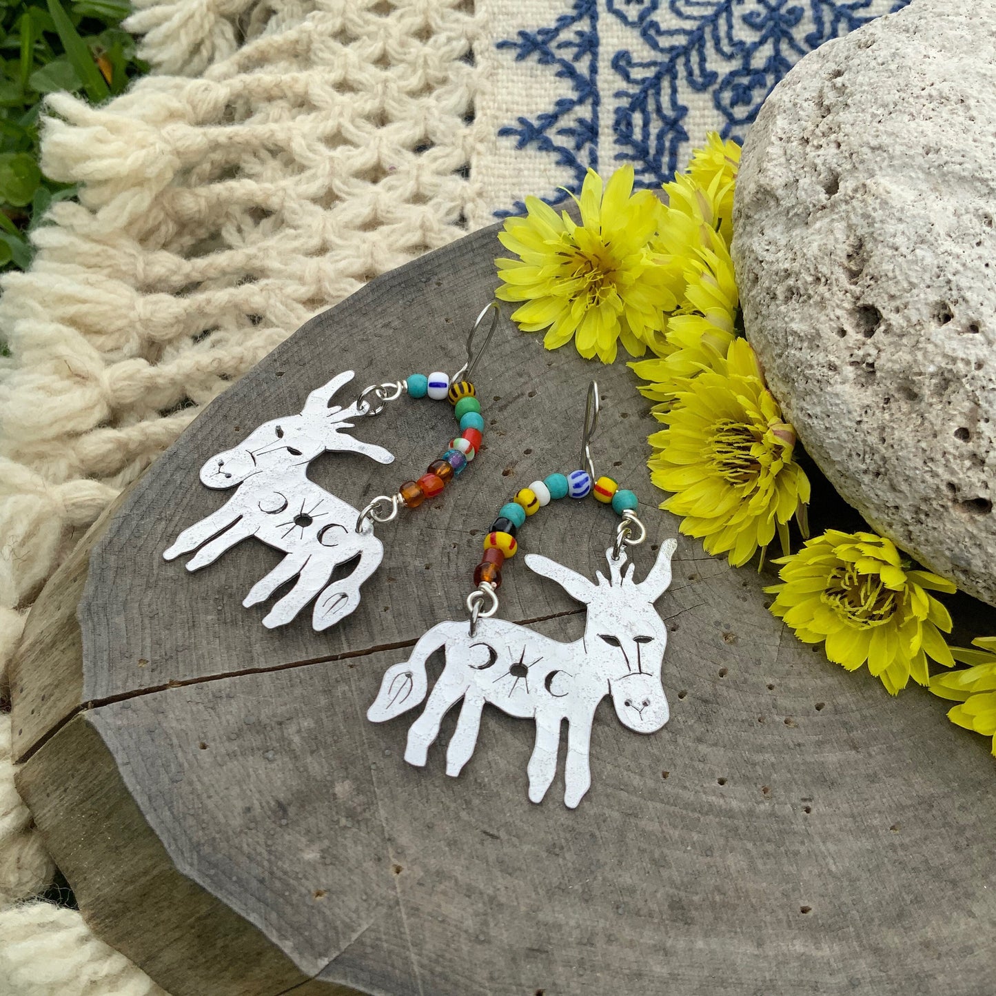 Handmade Celestial Donkey Earrings: Aluminum & Rainbow Glass Beads