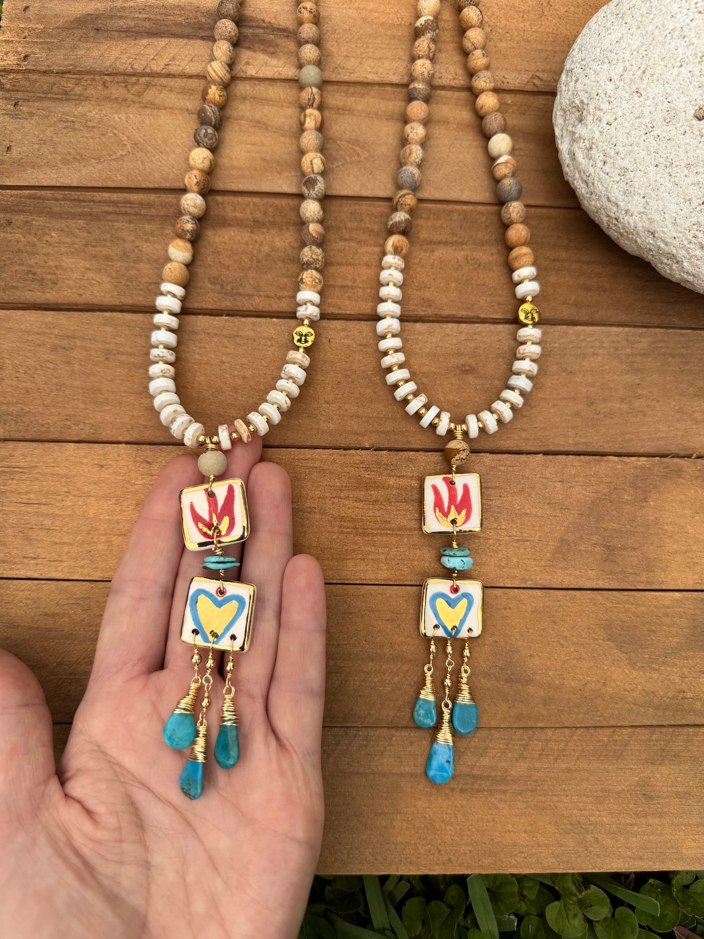Handmade Ceramic Milagro Tile Necklace: Turquoise & Jasper