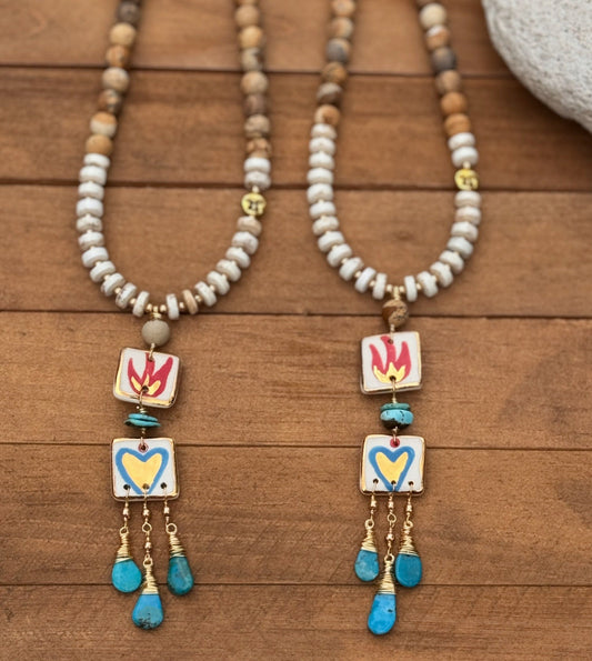 Handmade Ceramic Milagro Tile Necklace: Turquoise & Jasper