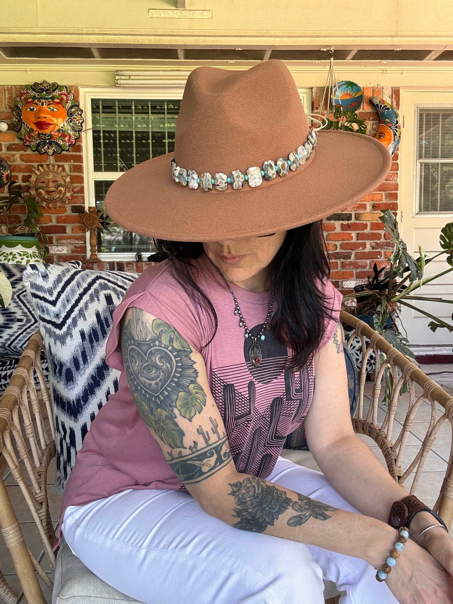 Ocean Jasper & Turquoise Gemstone Hat Band - Adjustable Vegan Suede