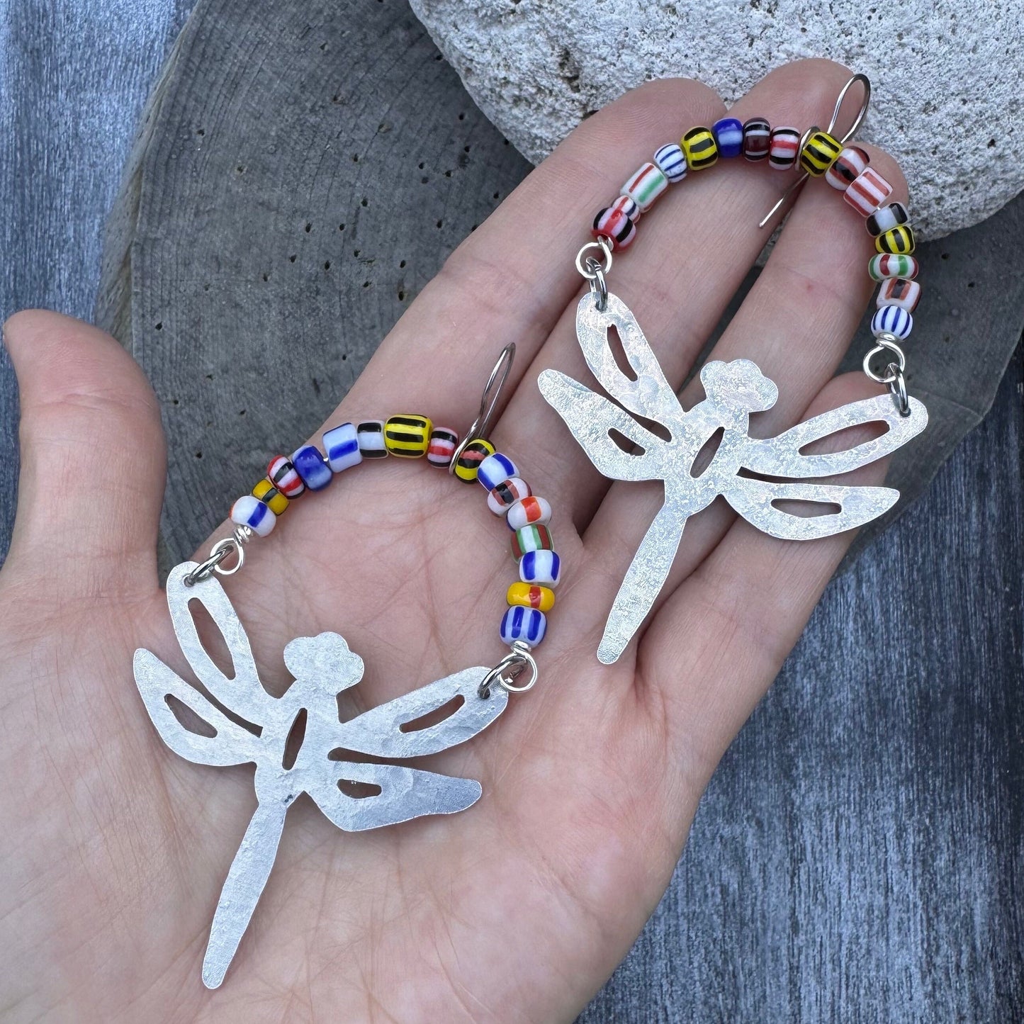 Handmade Aluminum Dragonfly Earrings with African Rainbow Glass Beads