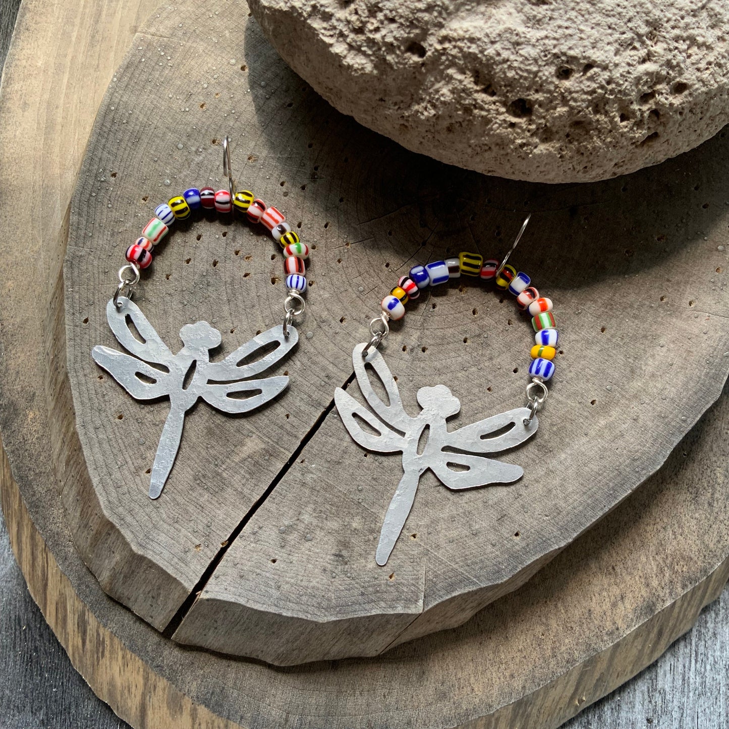 Handmade Aluminum Dragonfly Earrings with African Rainbow Glass Beads