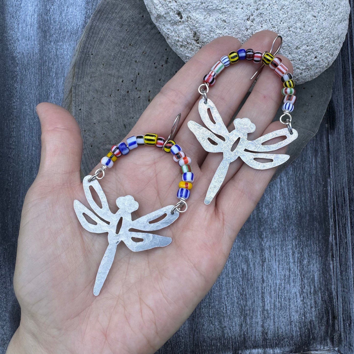 Handmade Aluminum Dragonfly Earrings with African Rainbow Glass Beads