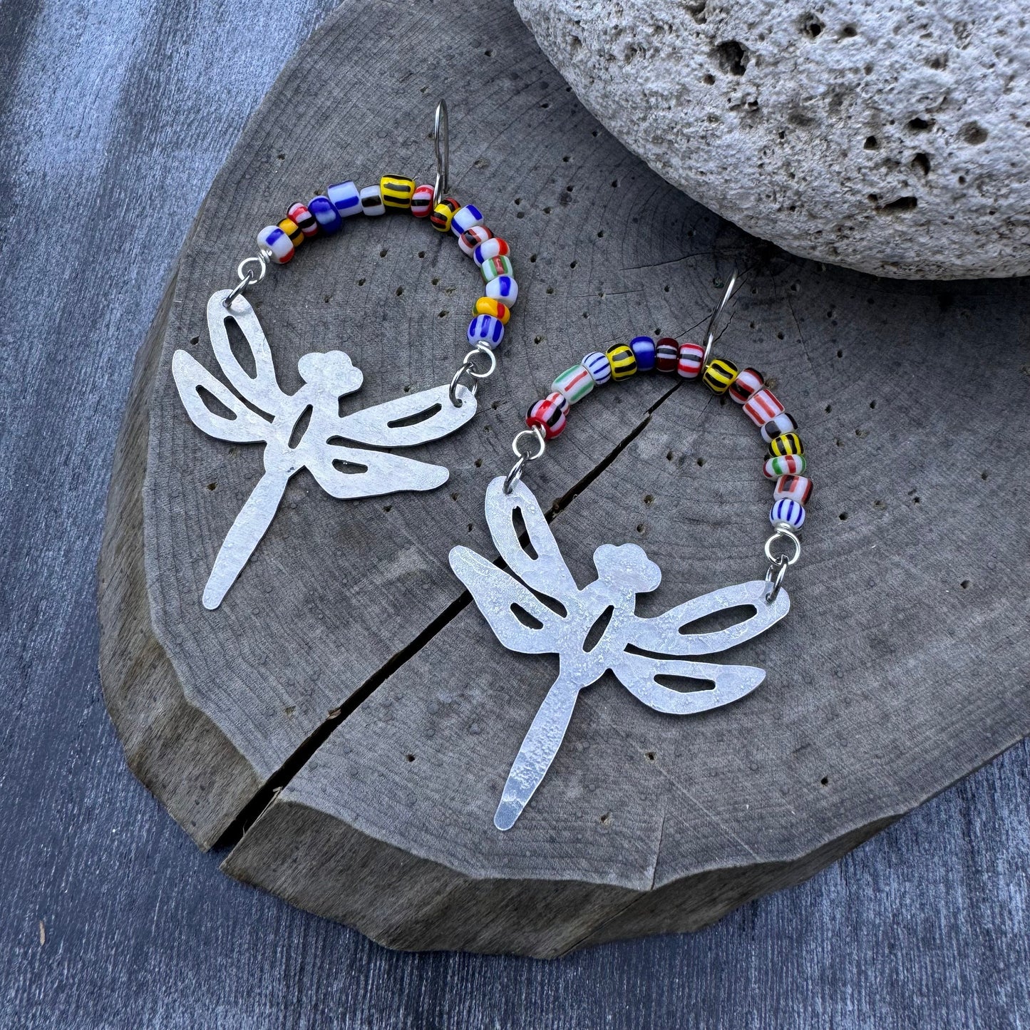 Handmade Aluminum Dragonfly Earrings with African Rainbow Glass Beads