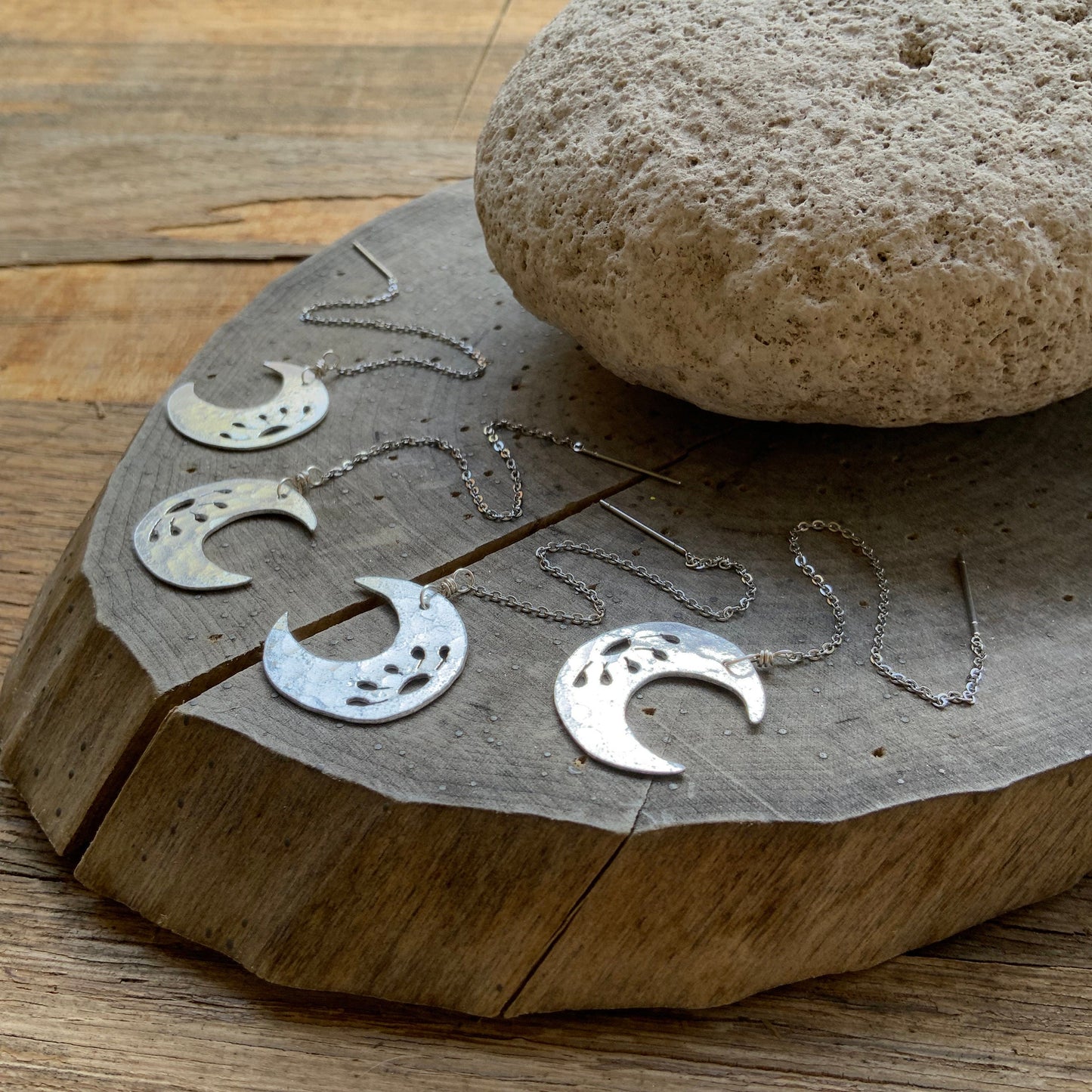 Handmade Crescent Moon Threader Earrings: Stainless Steel Dangle Jewelry