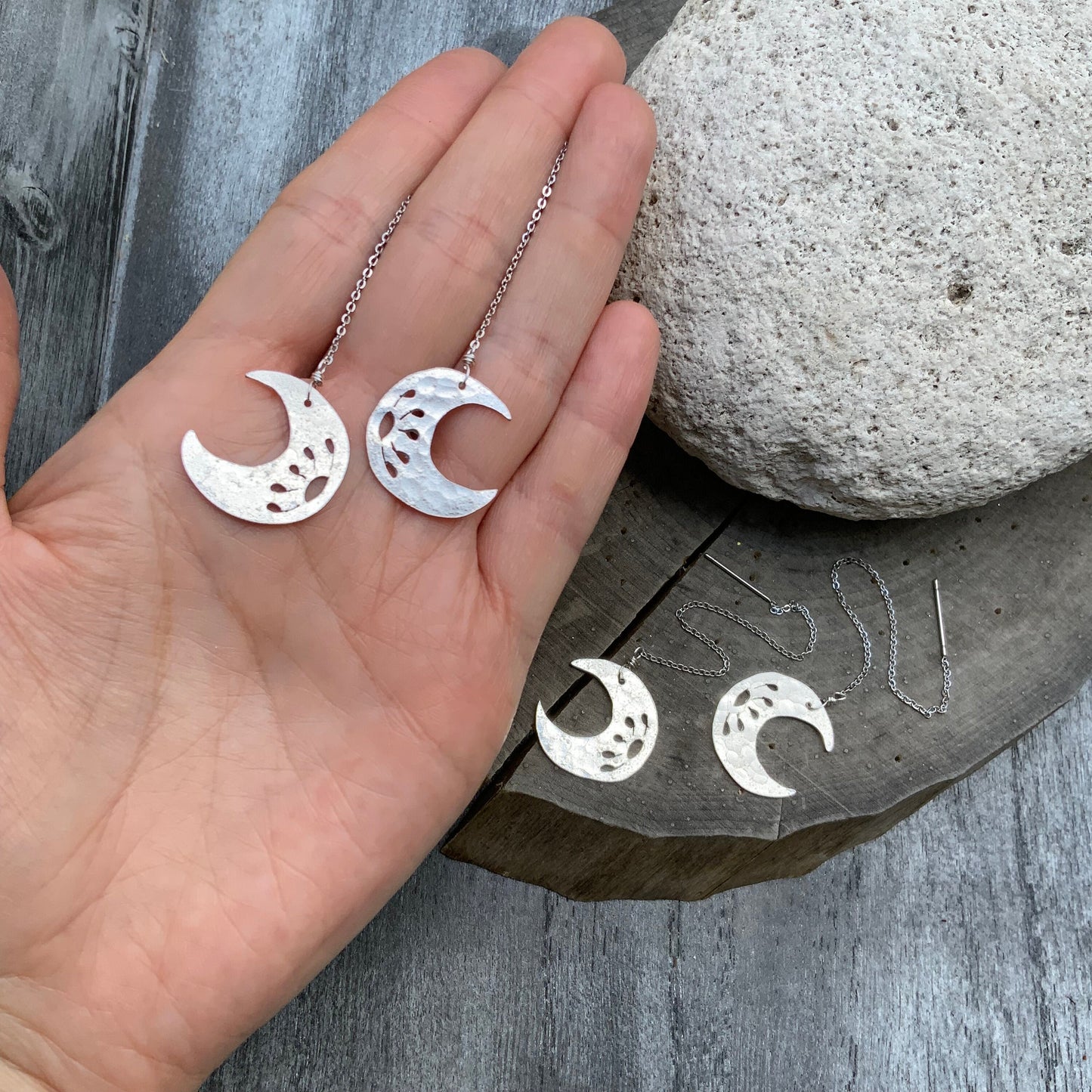 Handmade Crescent Moon Threader Earrings: Stainless Steel Dangle Jewelry