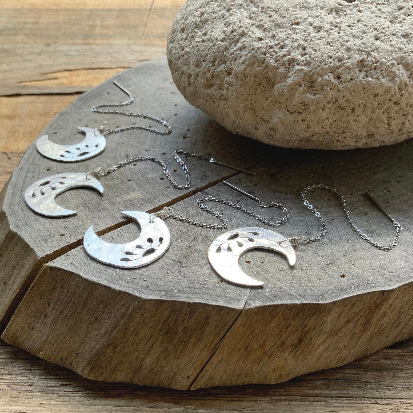 Handmade Crescent Moon Threader Earrings: Stainless Steel Dangle Jewelry