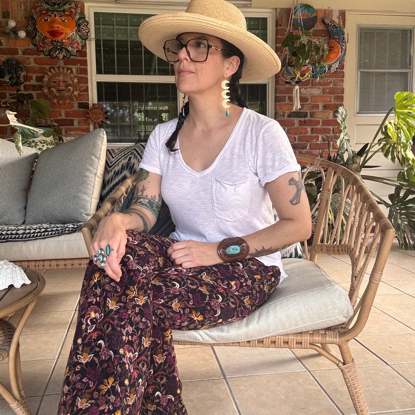 Hammered Brass Crescent Moon Earrings: Turquoise Dangle, Handmade