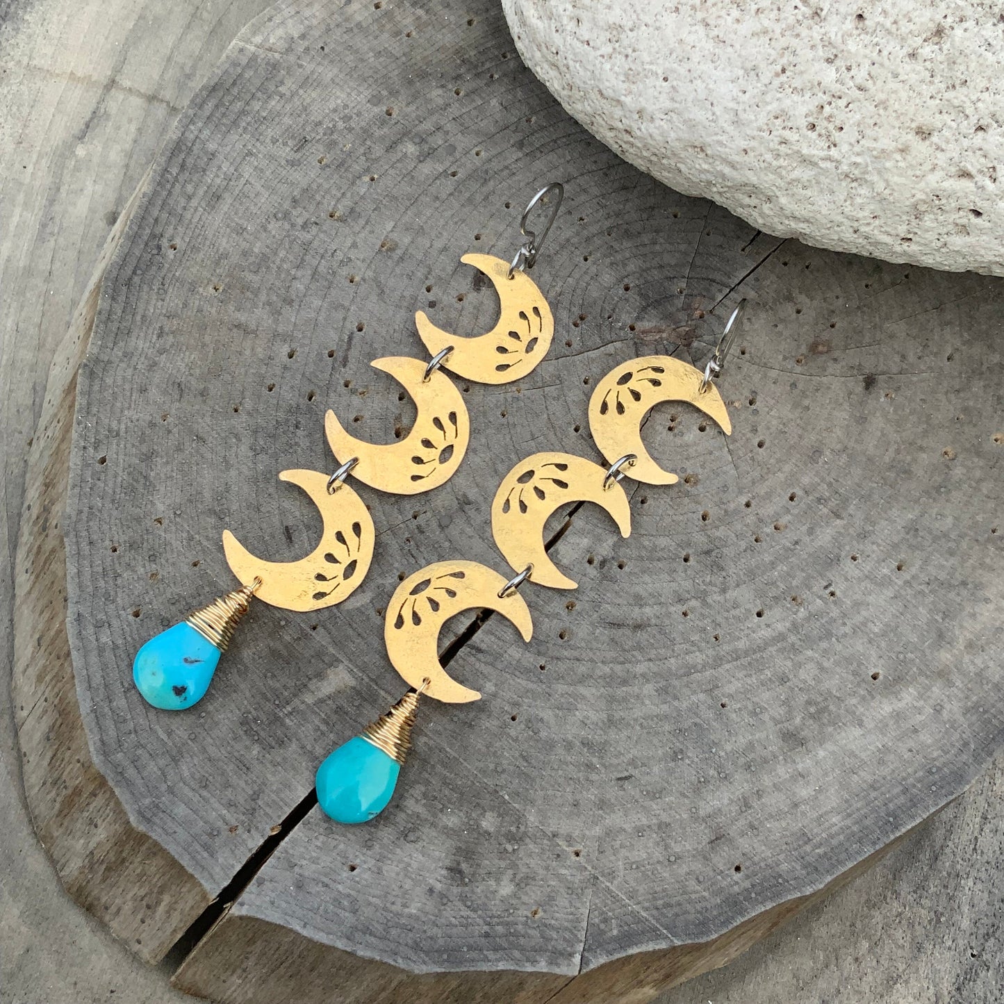 Hammered Brass Crescent Moon Earrings: Turquoise Dangle, Handmade