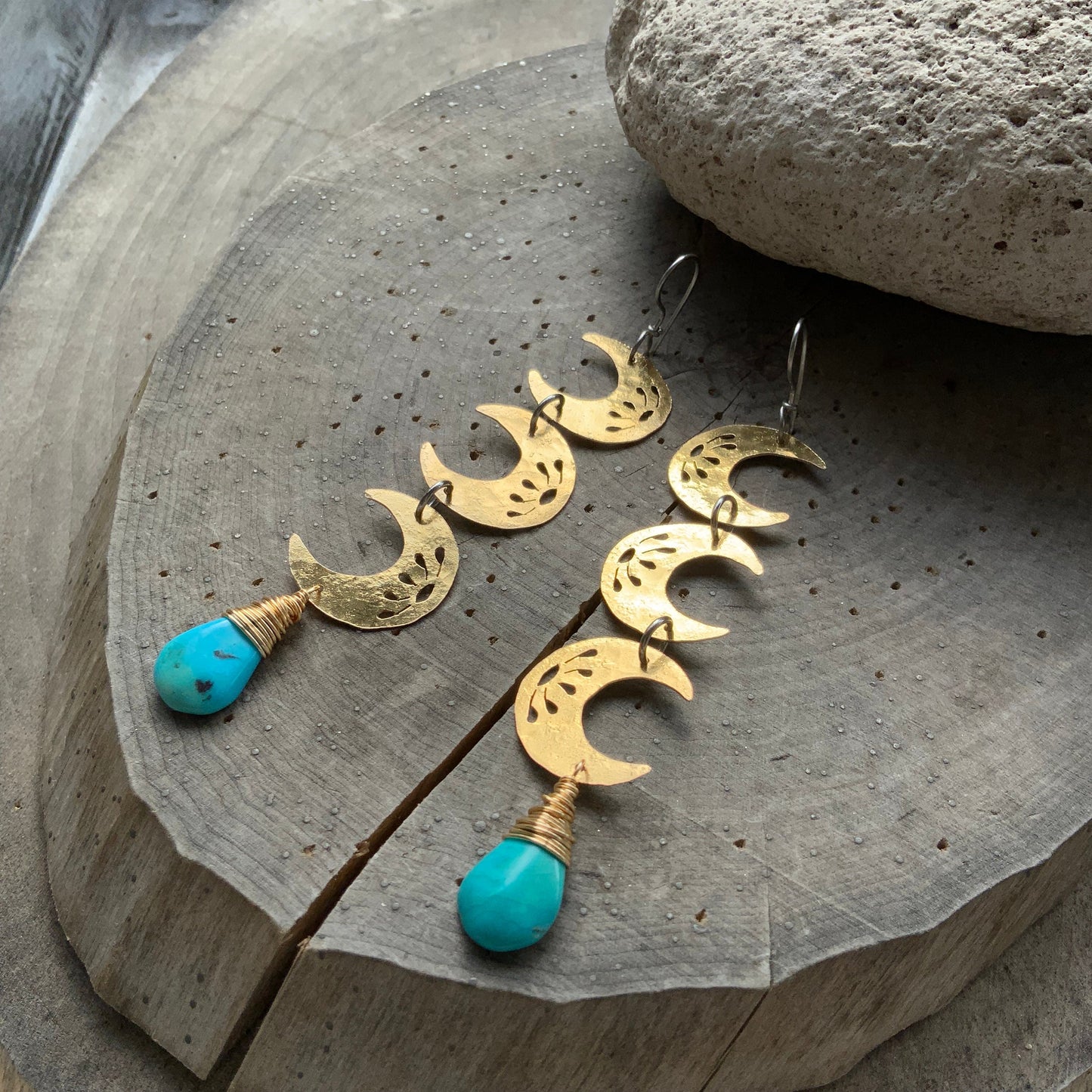 Hammered Brass Crescent Moon Earrings: Turquoise Dangle, Handmade