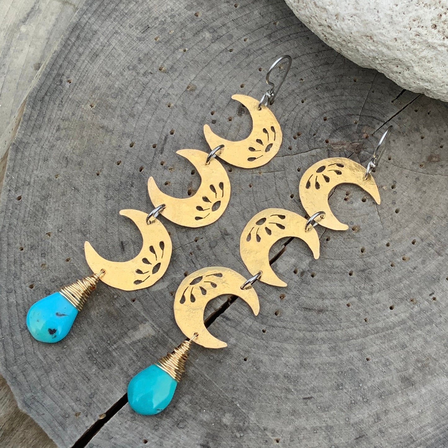 Hammered Brass Crescent Moon Earrings: Turquoise Dangle, Handmade