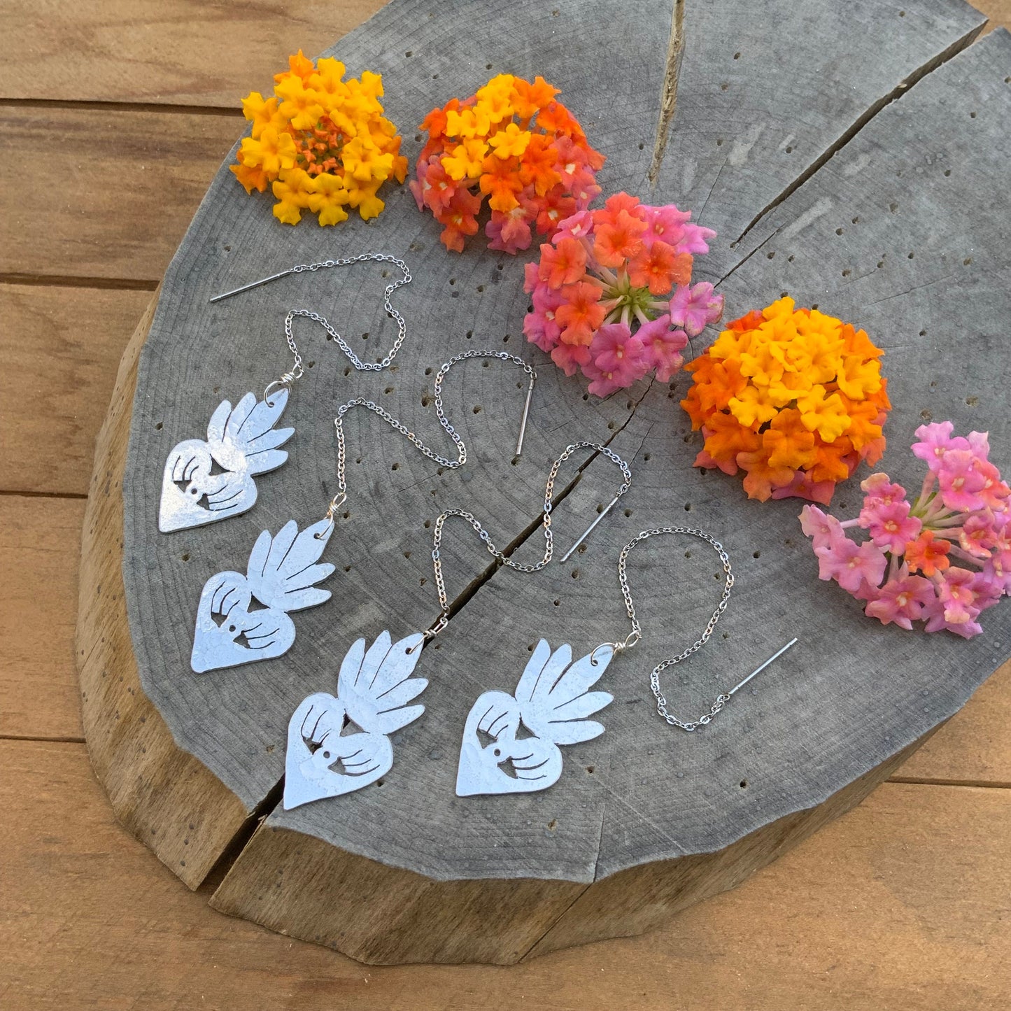 Milagro Sacred Heart Threader Earrings: Handmade Aluminum Dangle