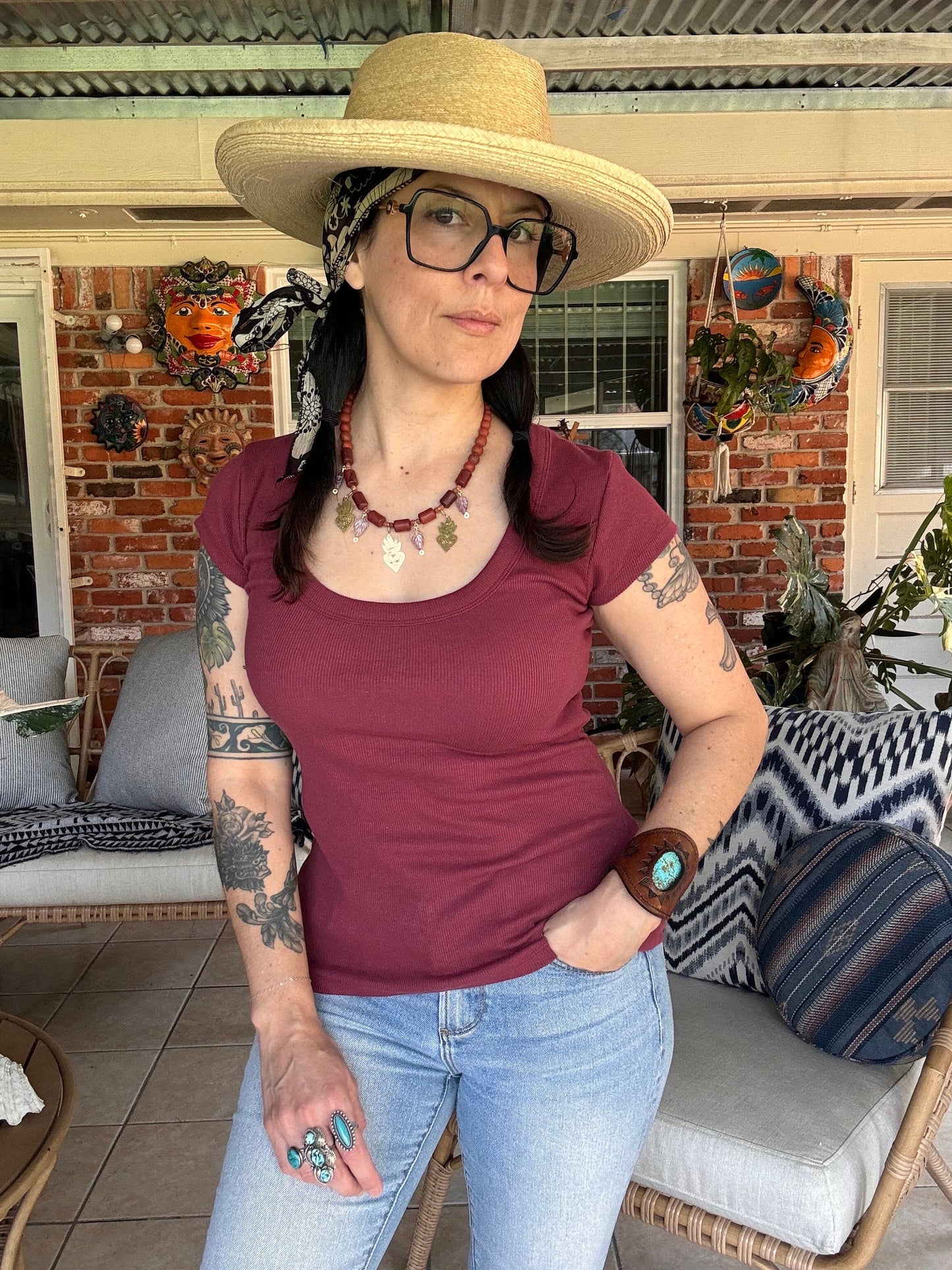 Red Jasper Necklace: Brass Milagro Charm, Amethyst Leaf, Handmade