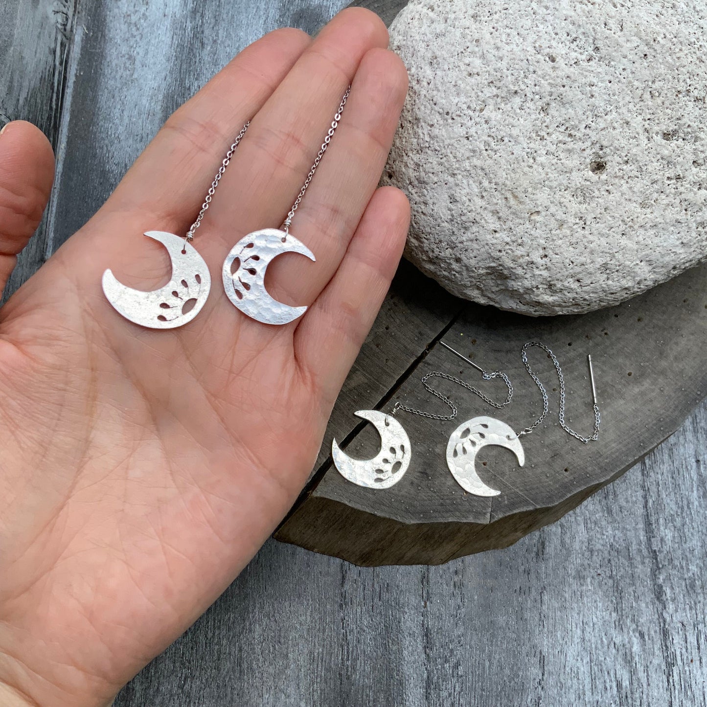 Handmade Crescent Moon Threader Earrings: Stainless Steel Dangle Jewelry