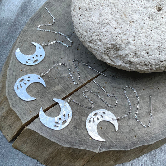 Handmade Crescent Moon Threader Earrings: Stainless Steel Dangle Jewelry