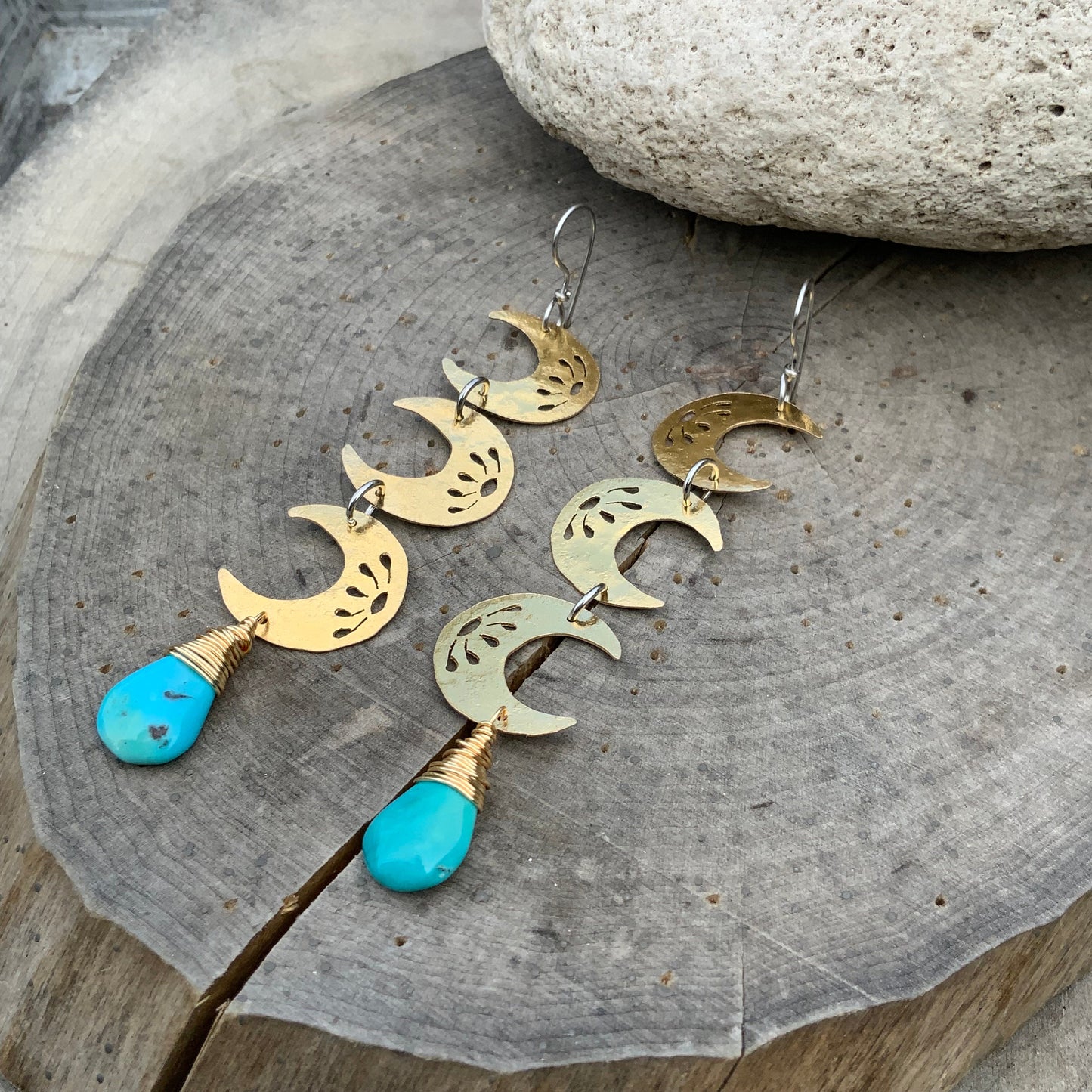 Hammered Brass Crescent Moon Earrings: Turquoise Dangle, Handmade