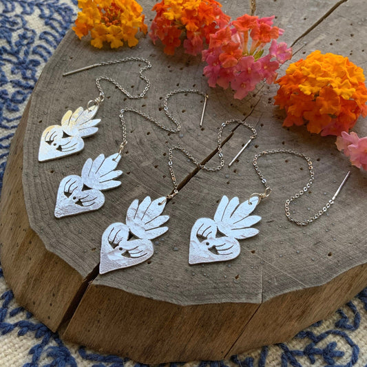 Milagro Sacred Heart Threader Earrings: Handmade Aluminum Dangle