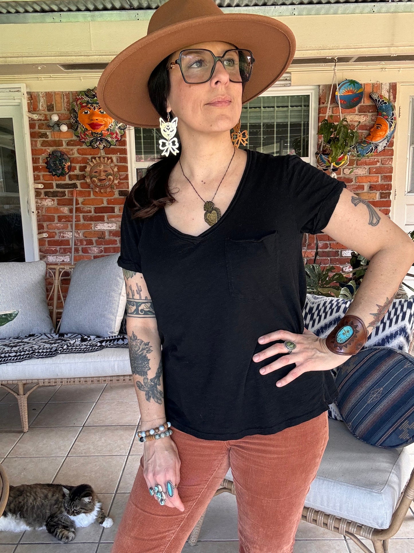 Handmade Brass Cat Earrings: Kitty with Bow Dangle Earrings