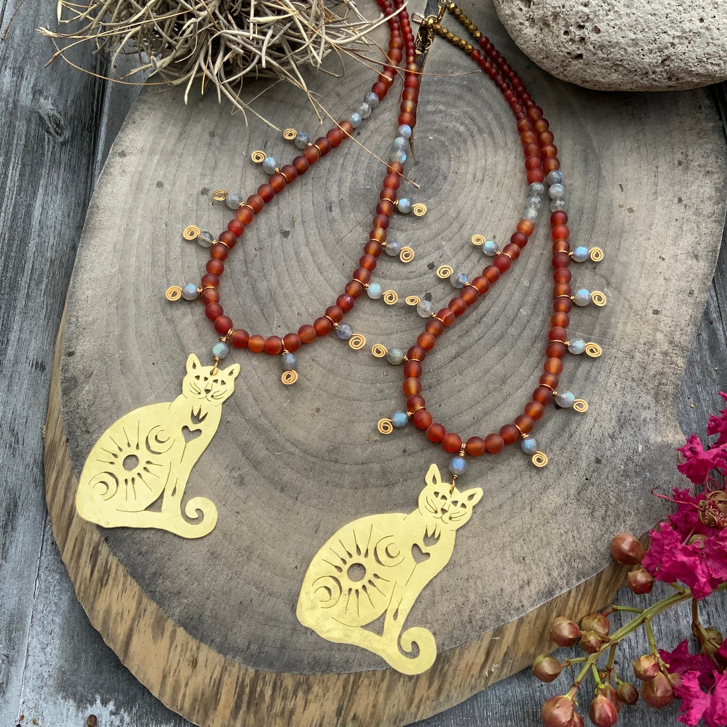 Handmade Brass Cat Necklace: Carnelian & Labradorite Beaded Jewelry