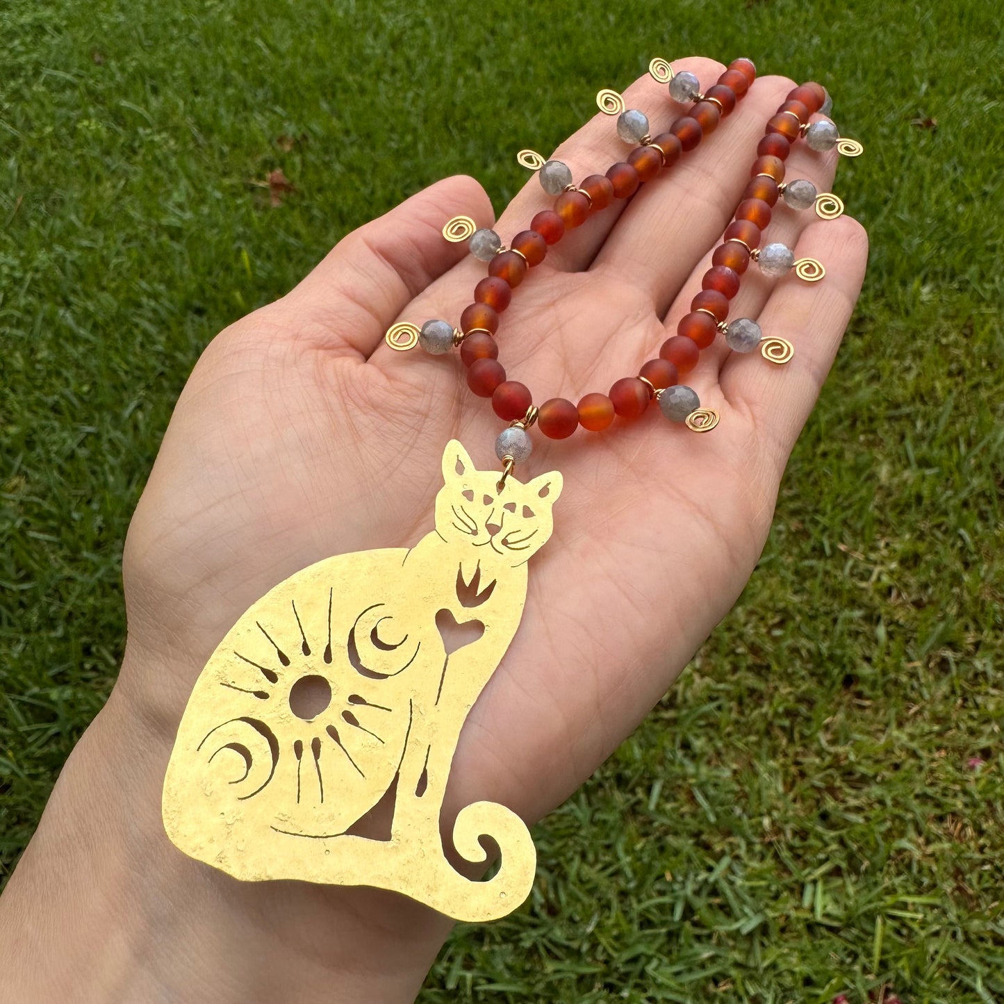 Handmade Brass Cat Necklace: Carnelian & Labradorite Beaded Jewelry