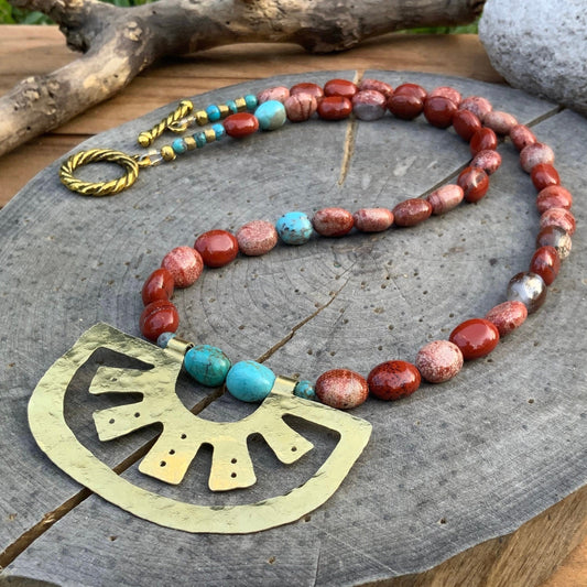 Hammered Brass Oaxacan Necklace: Red Jasper & Turquoise Beads