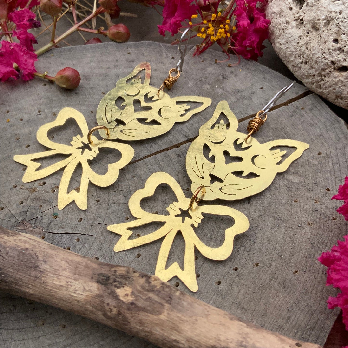 Handmade Brass Cat Earrings: Kitty with Bow Dangle Earrings