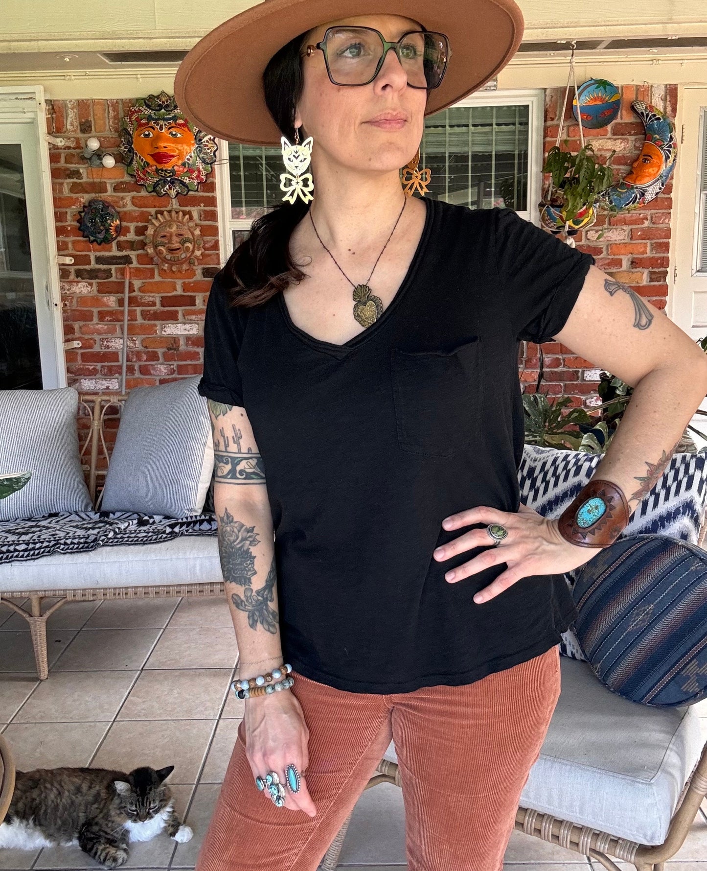 Handmade Brass Cat Earrings: Kitty with Bow Dangle Earrings