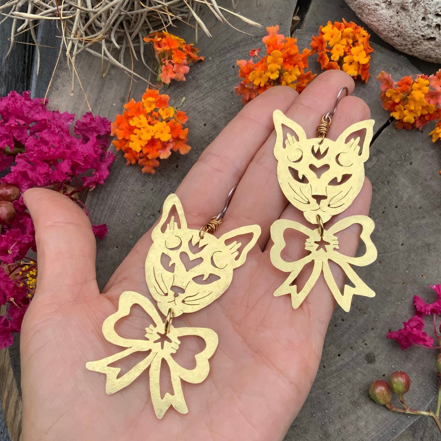 Handmade Brass Cat Earrings: Kitty with Bow Dangle Earrings