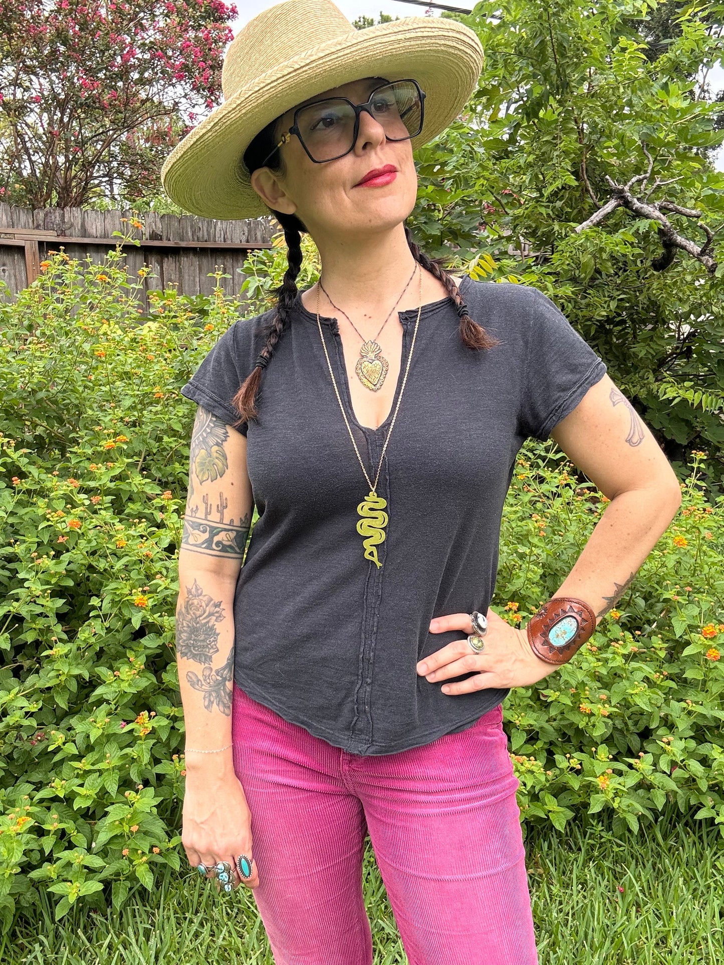 Snake pendant necklace, brass Snake on long chain