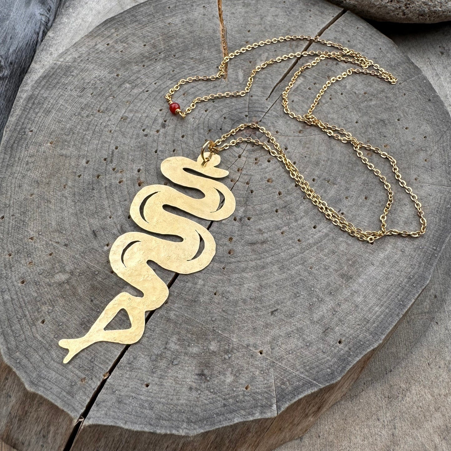 Snake pendant necklace, brass Snake on long chain