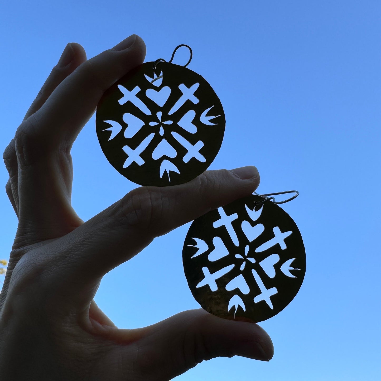 Hammered Brass Sacred Heart and cross Earrings: Handmade Cutout Jewelry