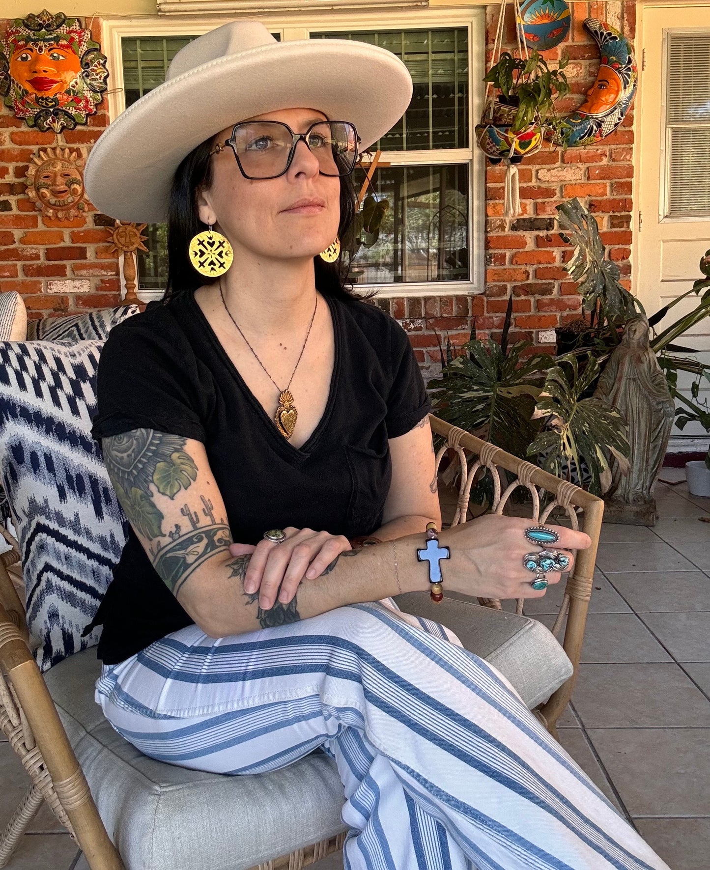 Hammered Brass Sacred Heart and cross Earrings: Handmade Cutout Jewelry