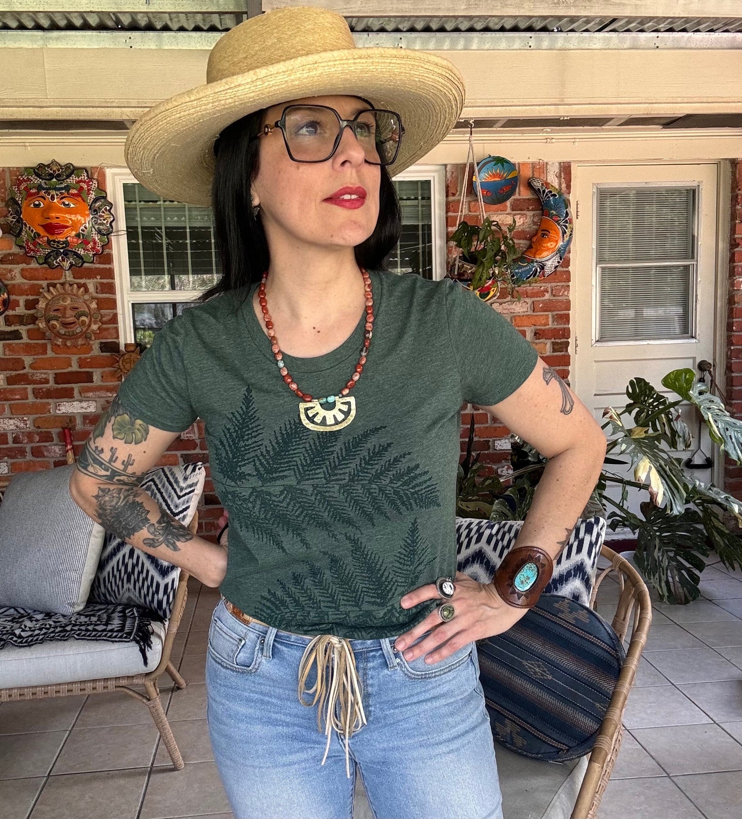 Hammered Brass Oaxacan Necklace: Red Jasper & Turquoise Beads