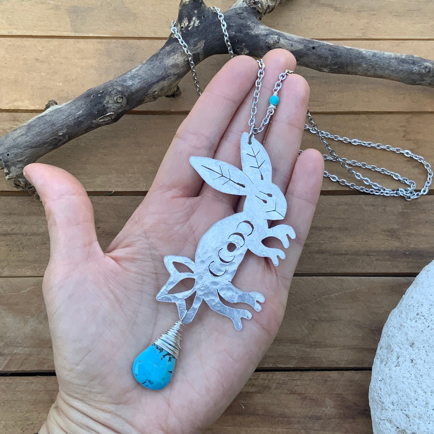 Handmade Celestial Rabbit Necklace: Moon Phase Pendant with Turquoise