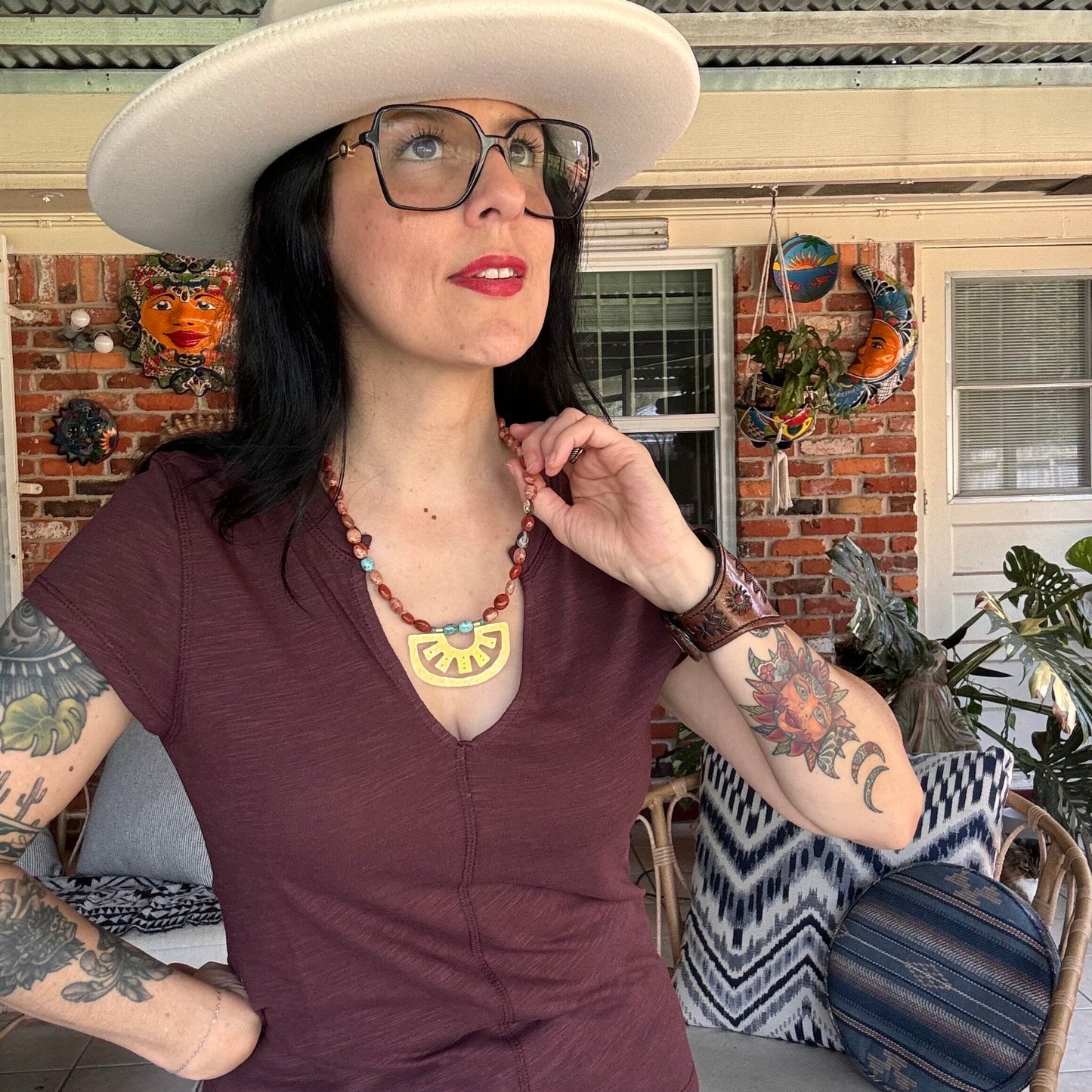 Hammered Brass Oaxacan Necklace: Red Jasper & Turquoise Beads