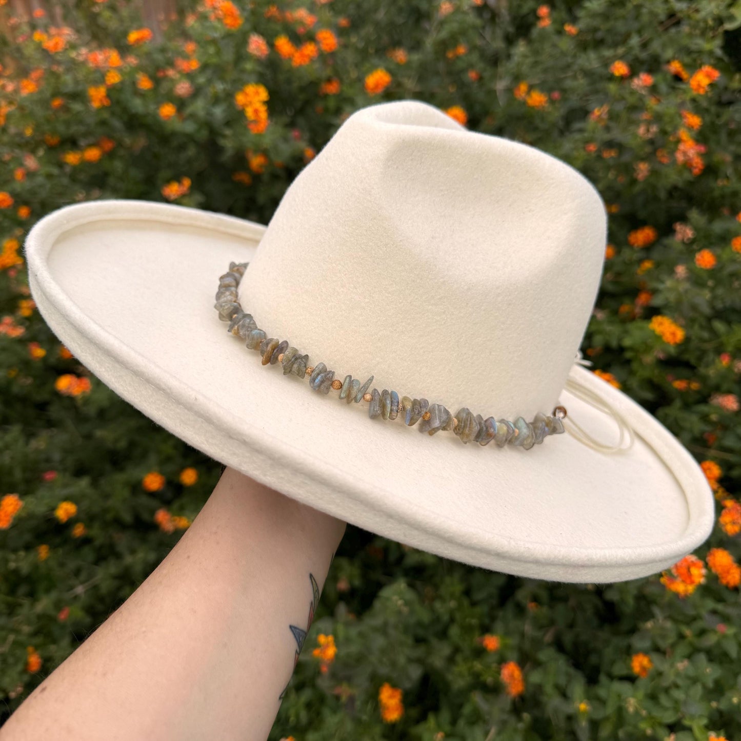 Labradorite Picture Jasper Hat Band: Adjustable Vegan Suede Cord