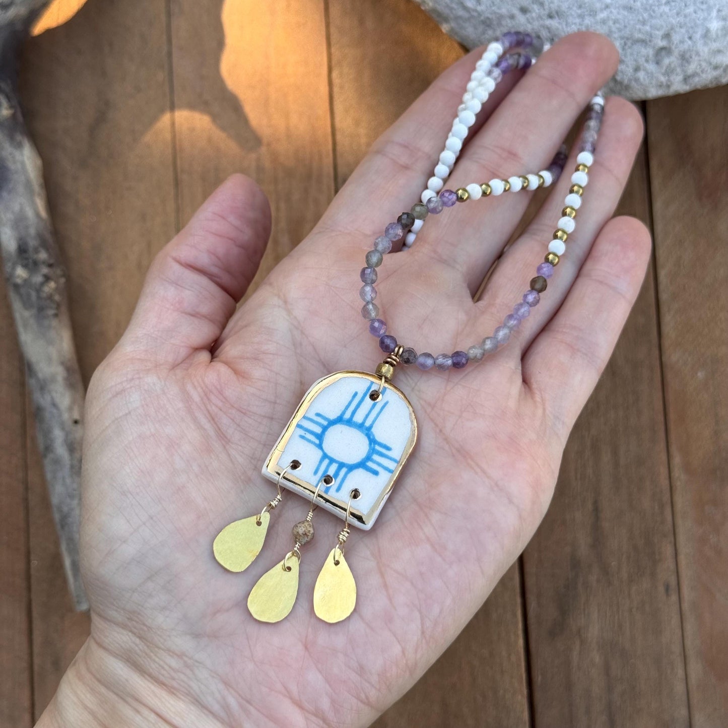 Ceramic Zia bead and Amethyst necklace, Land Of Enchantment beaded necklace