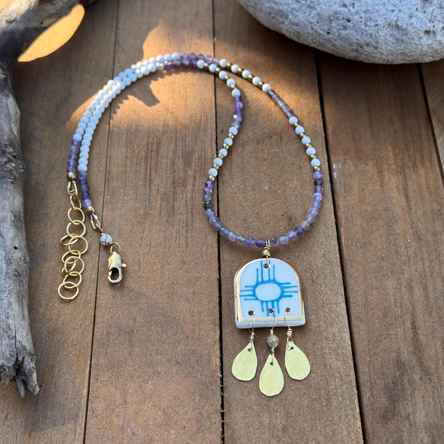 Ceramic Zia bead and Amethyst necklace, Land Of Enchantment beaded necklace
