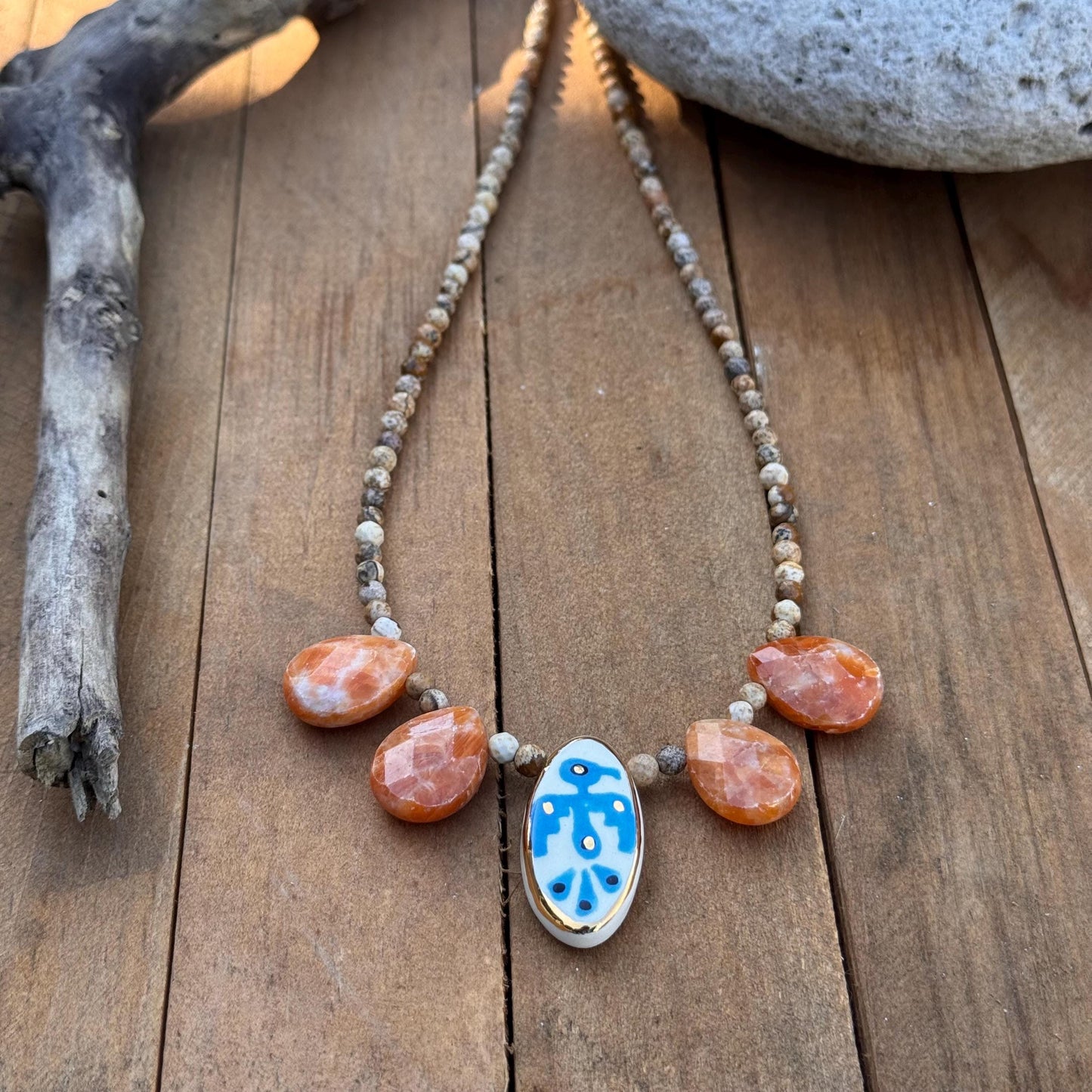 Handmade Ceramic Thunderbird Necklace: Orange Calcite & Picture Jasper