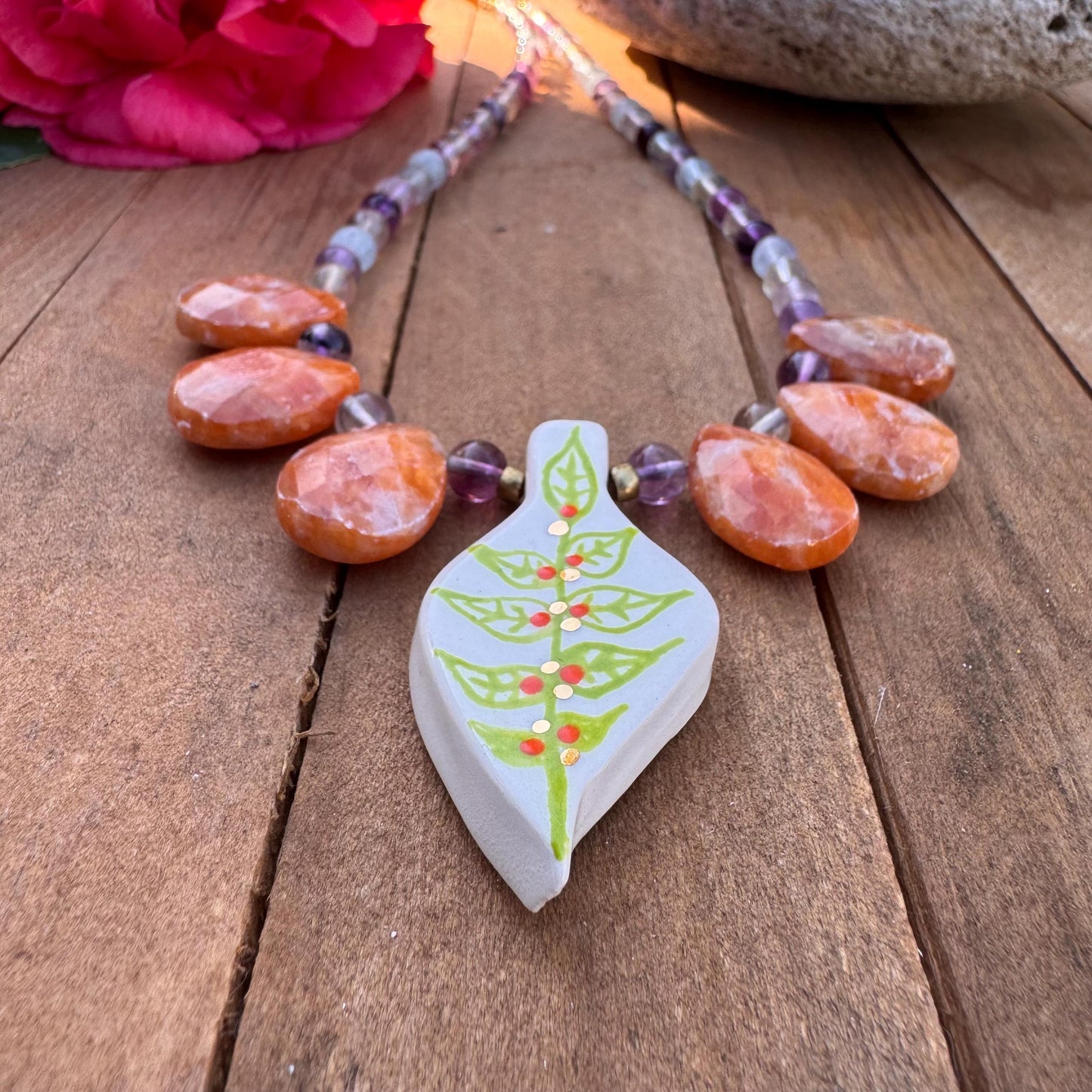 Handmade Ceramic Leaf Necklace: Orange Calcite & Fluorite Beaded Jewelry