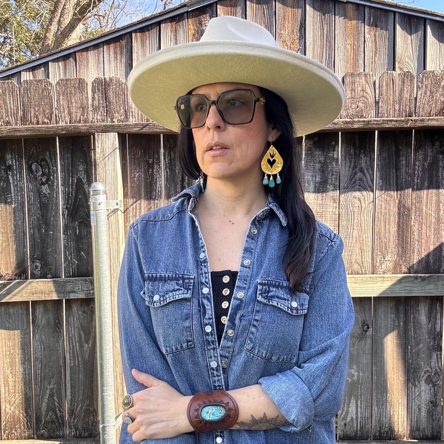 Hand Stamped Brass Milagro Heart Earrings with Genuine Turquoise