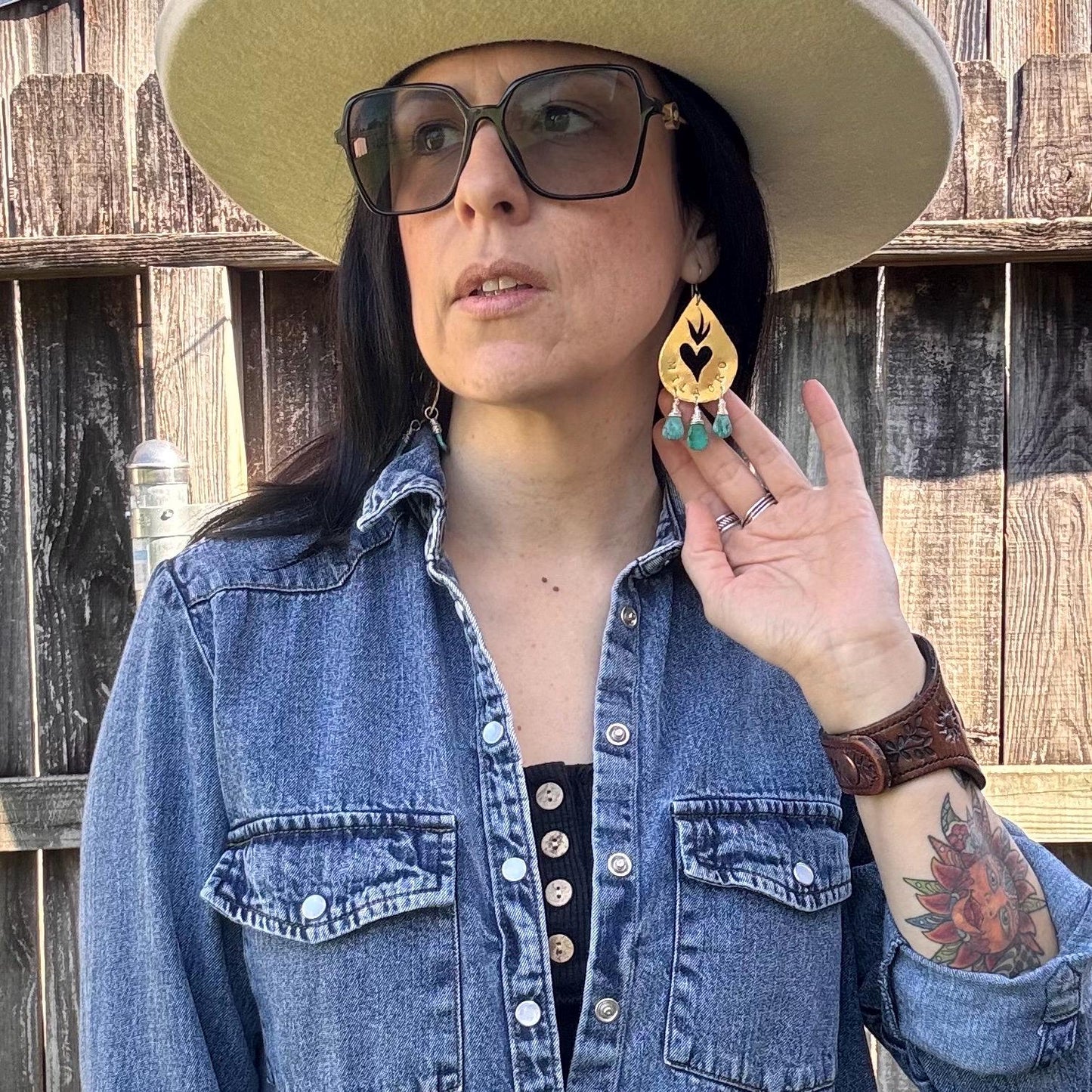 Hand Stamped Brass Milagro Heart Earrings with Genuine Turquoise