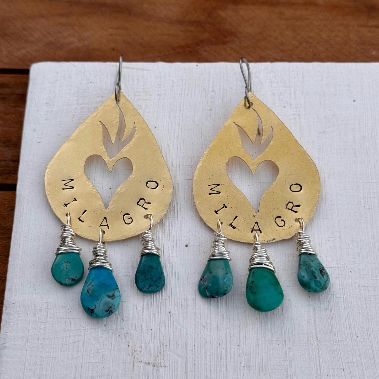 Hand Stamped Brass Milagro Heart Earrings with Genuine Turquoise